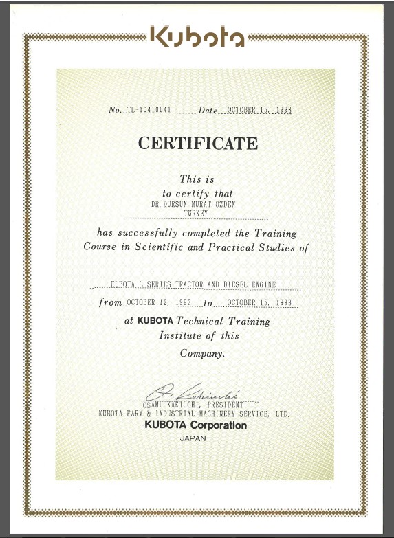 KUBOTA Corporation, 12 - 15 Ekim 1993, Training Course in Scientific and Practical Studies of Kubota Tractor and Diesel Engine