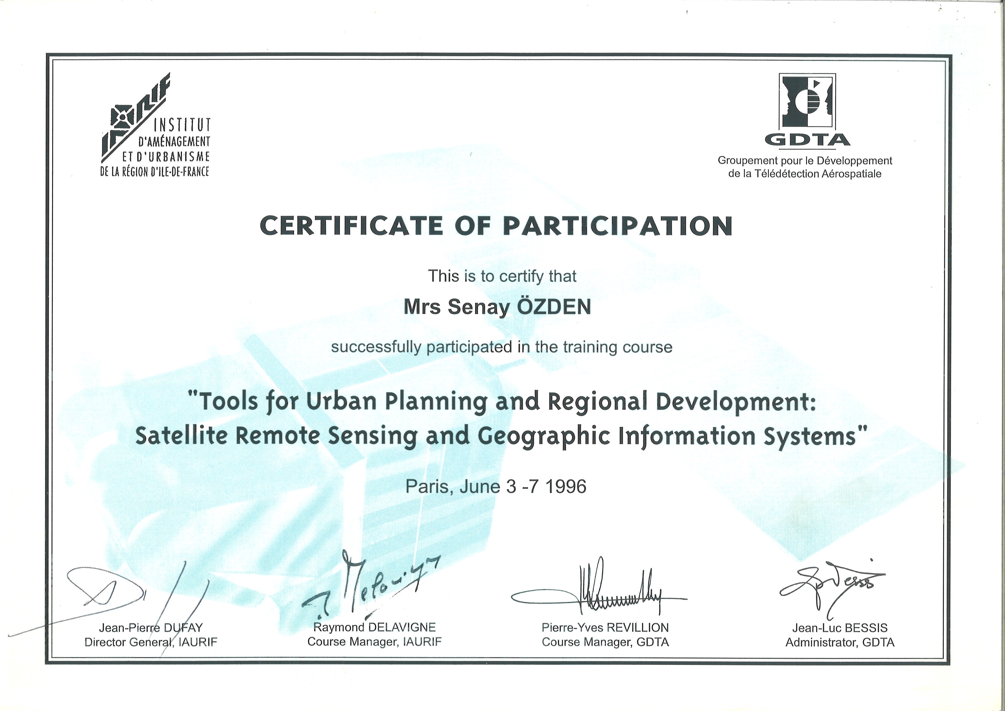 Tools for Urban Planning and Regional Development: Satellite Remote Sensing and Geographic Information Systems Katılım Belgesi